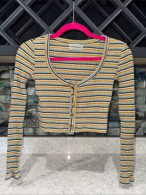 Urban Outfitters Striped Ribbed Cropped Cardigan - Yellow, White, Gray, Black